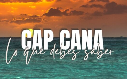 Sunset over turquoise sea with bold 'CAP CANA' lettering and cursive subtitle, a travel banner for Cap Cana.