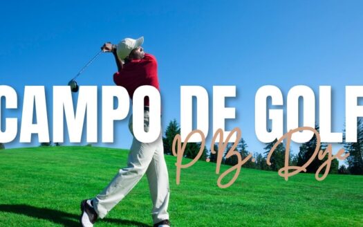 Golfer in a red shirt swings a club on a sunny green golf course with bold 'CAMPO DE GOLF' text across the scene.