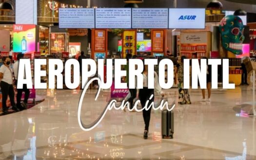 Interior of Cancun International Airport with a bold 'AEROPUERTO INTL Cancún' overlay across the scene and shop counters in the background.