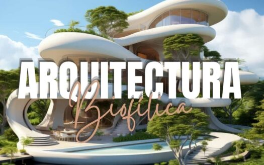 Futuristic white curved house with trees and a pool, overlaid with the text 'ARQUITECTURA Biológica'.