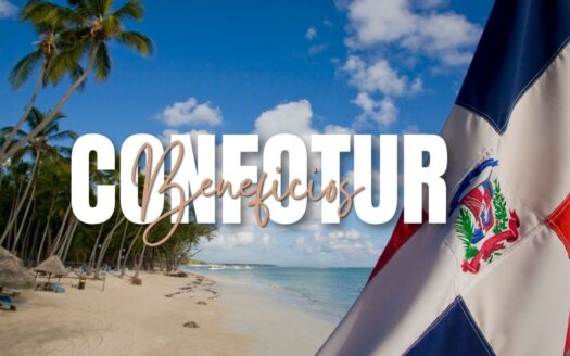 Tropical beach scene with palm trees, blue sky, and a Dominican Republic flag in the foreground; bold white overlay text across the image.
