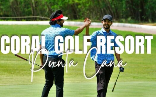 Two golfers on a green fairway high-five, with a Coral Golf Resort Punta Cana banner across the image