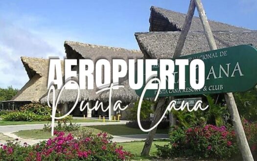 Punta Cana airport sign with thatched-roof lobby buildings and tropical landscaping in the foreground.