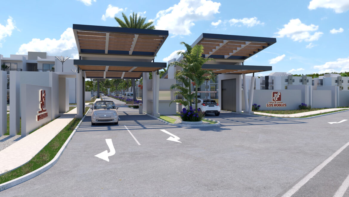 Gated modern residential entrance with two canopied driveways, cars, and palm trees in a sunny complex named Los Robles.