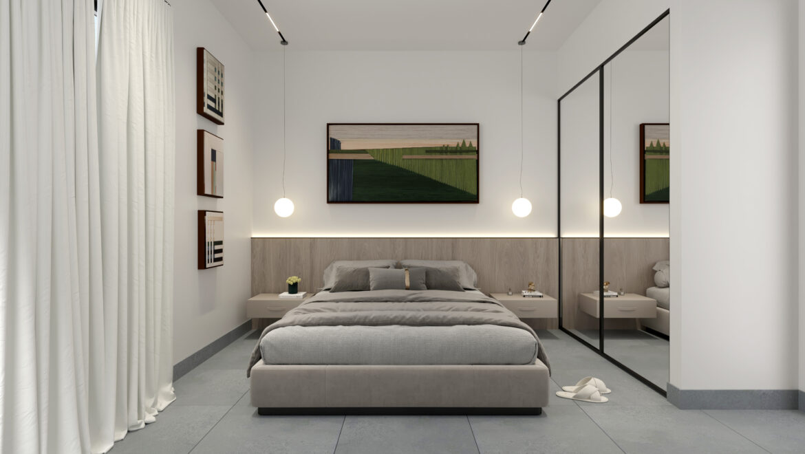 Modern bedroom with a gray upholstered bed, matching nightstands, and a large landscape painting above the headboard.