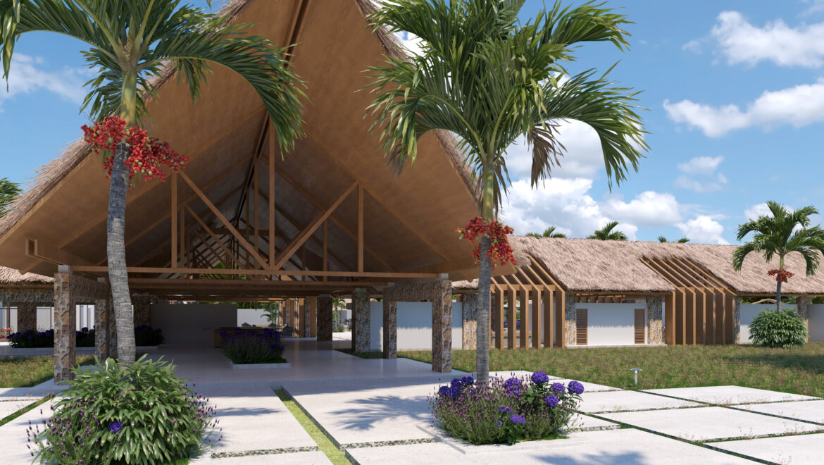 Open-air tropical resort entrance with a large thatched roof, wooden beams, and palms against a blue sky.