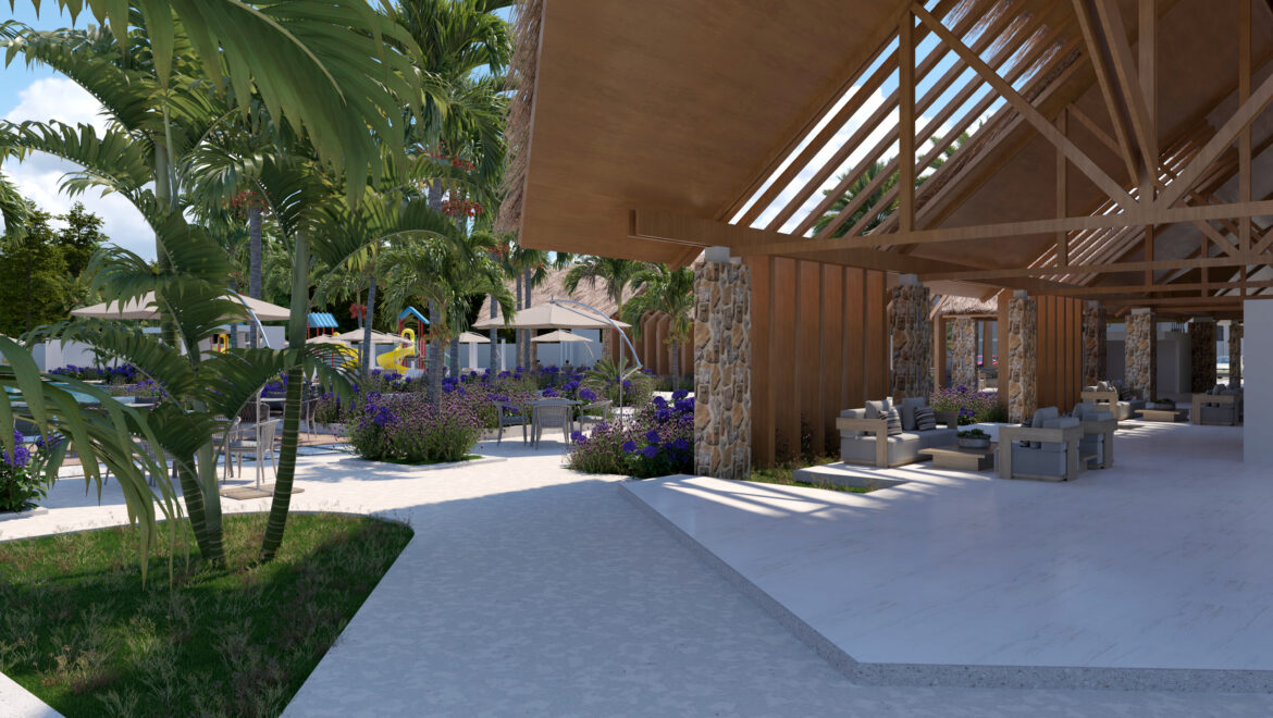 Open-air resort lounge with a wooden pergola, stone columns, cushioned seating, tropical plants, and purple flowers.",