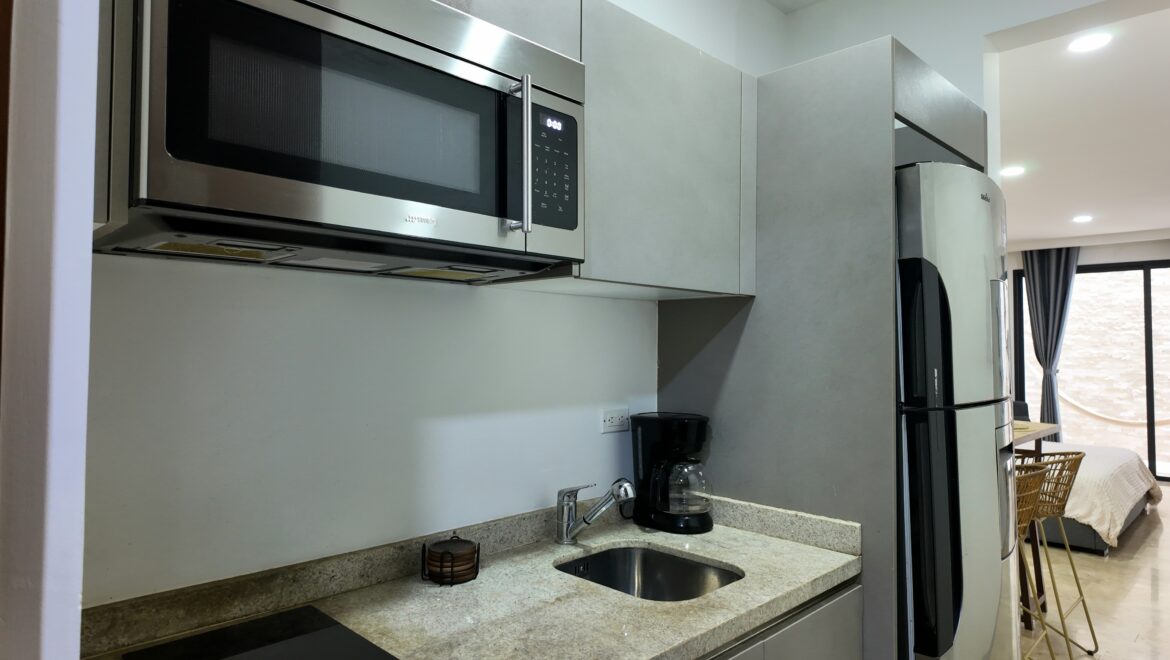 Modern kitchen with stainless steel microwave and built-in cabinets above a granite countertop.