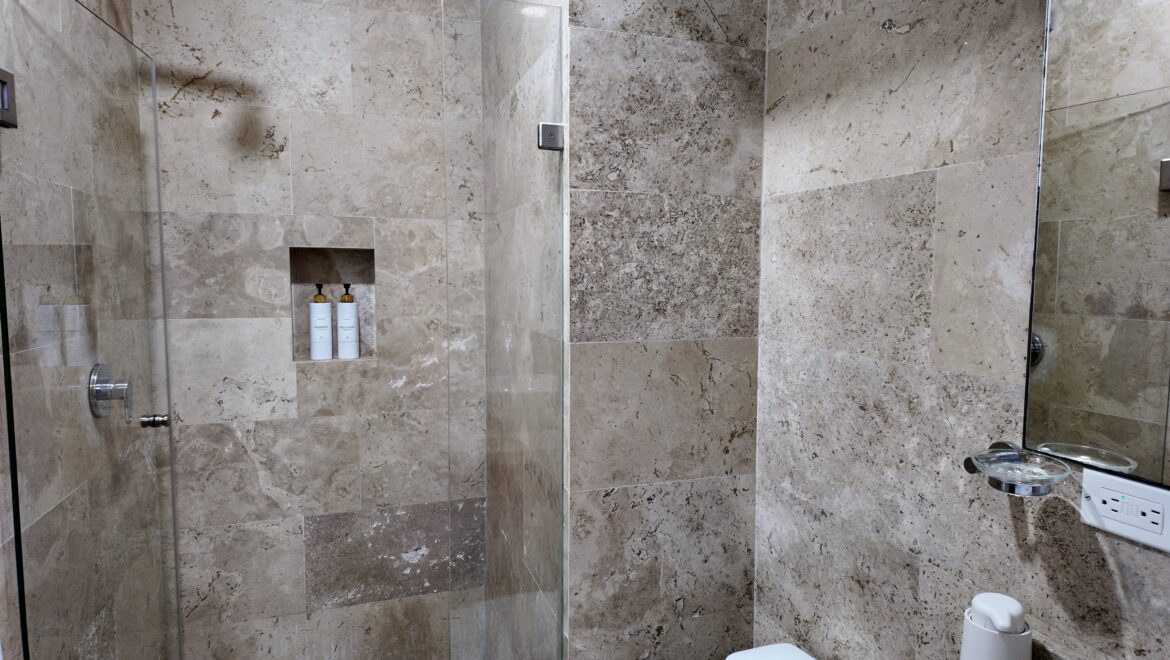 Modern tiled shower with a recessed niche containing two white shampoo bottles and a glass partition.
