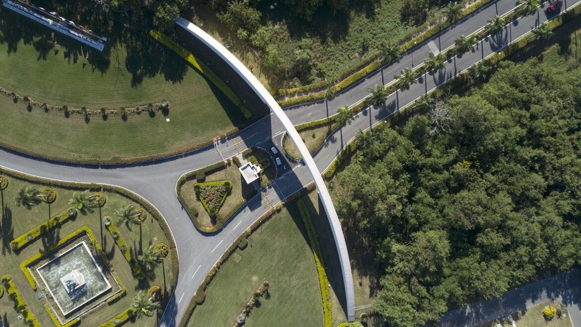 Aerial view of a curved white bridge crossing a road, surrounded by manicured lawns, palm trees, and a geometrically landscaped area on the left.