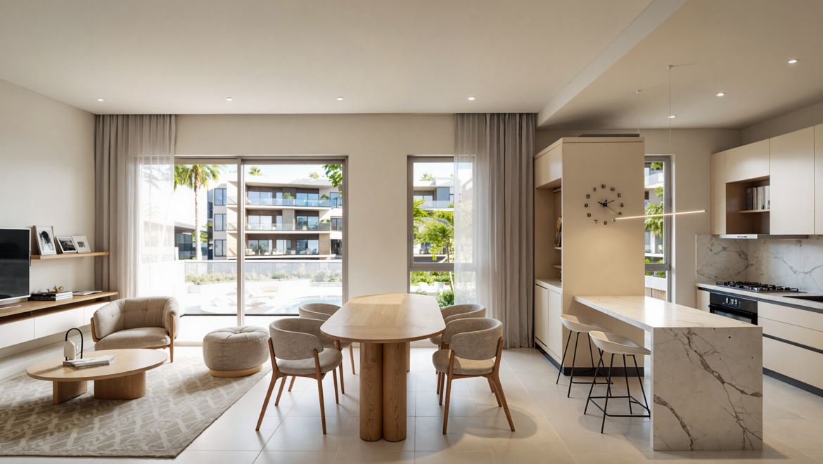 Open-plan living area with a wall-mounted TV, long wooden console, dining table, and large windows overlooking a sunny courtyard outside.