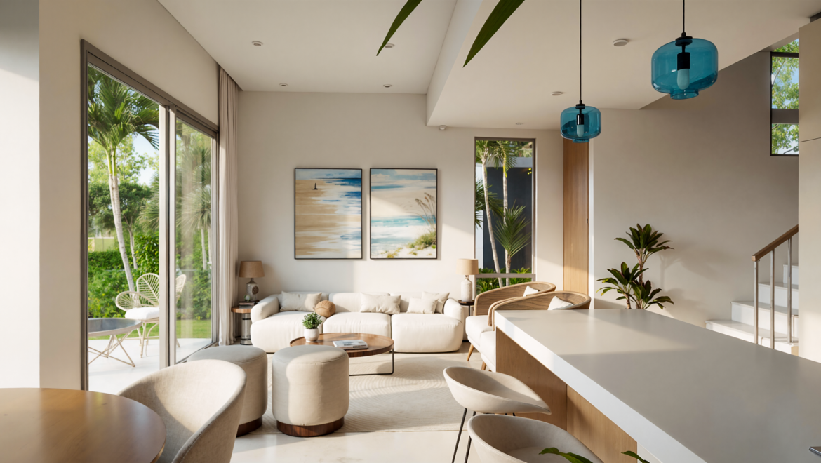 Bright open-plan living area with beige sofa, round ottomans, and a glass coffee table facing large windows to a lush garden.