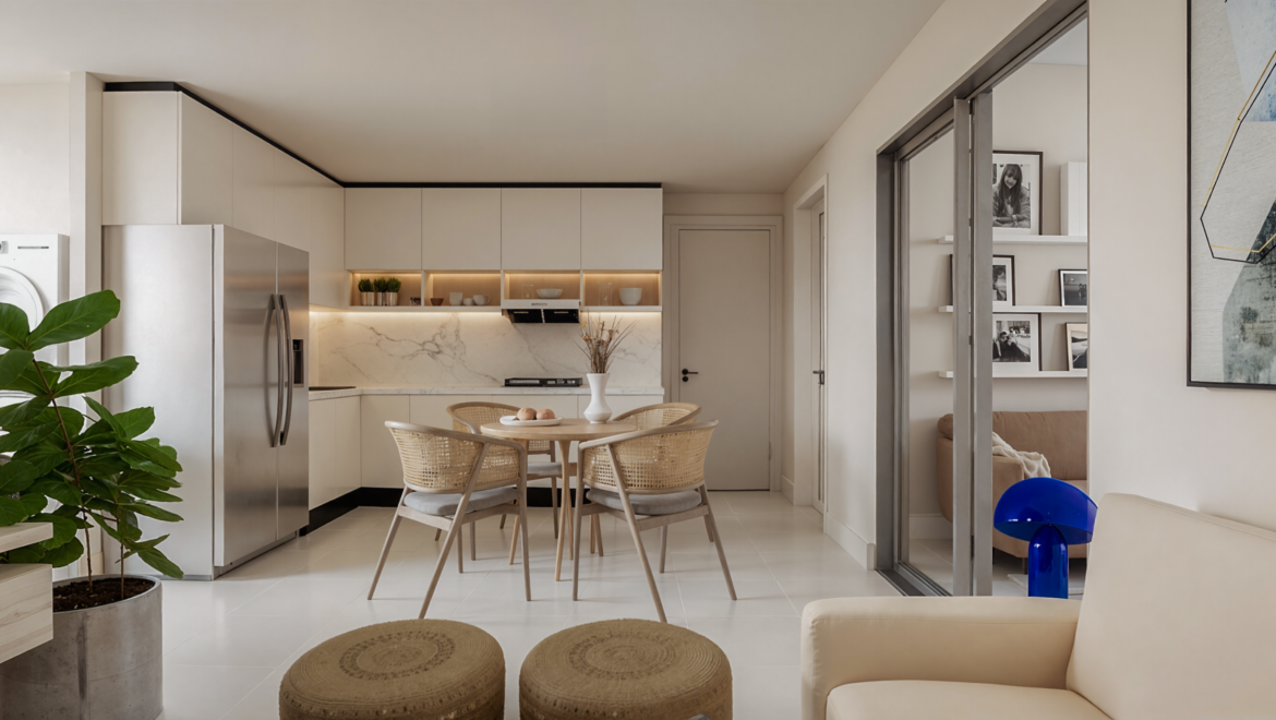 Open-plan kitchen and dining area with white cabinets, marble backsplash, and a round wooden table surrounded by wicker chairs.