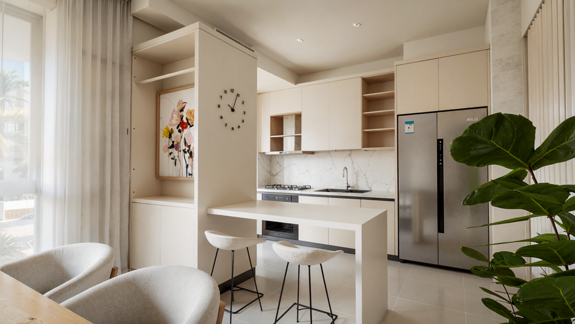 Bright modern kitchen with white cabinets, marble backsplash, stainless steel fridge, and a breakfast bar with two stools.