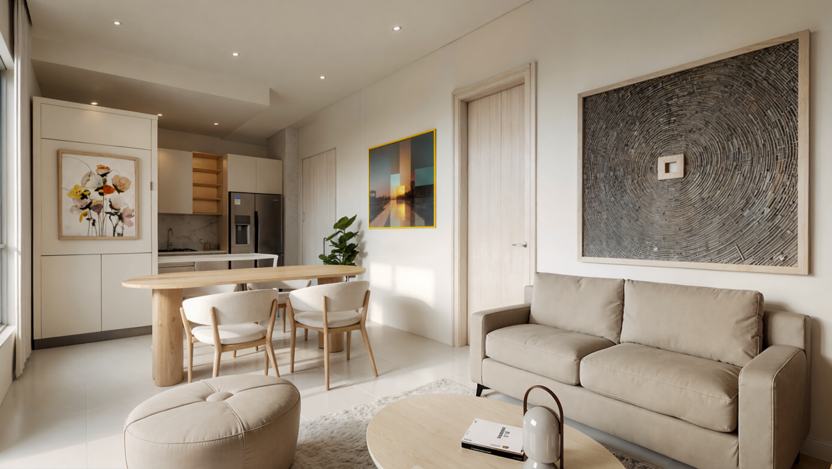 Open-concept living area with beige sofa, round coffee table, and two cream chairs at a wooden dining table, sunlight streaming in.