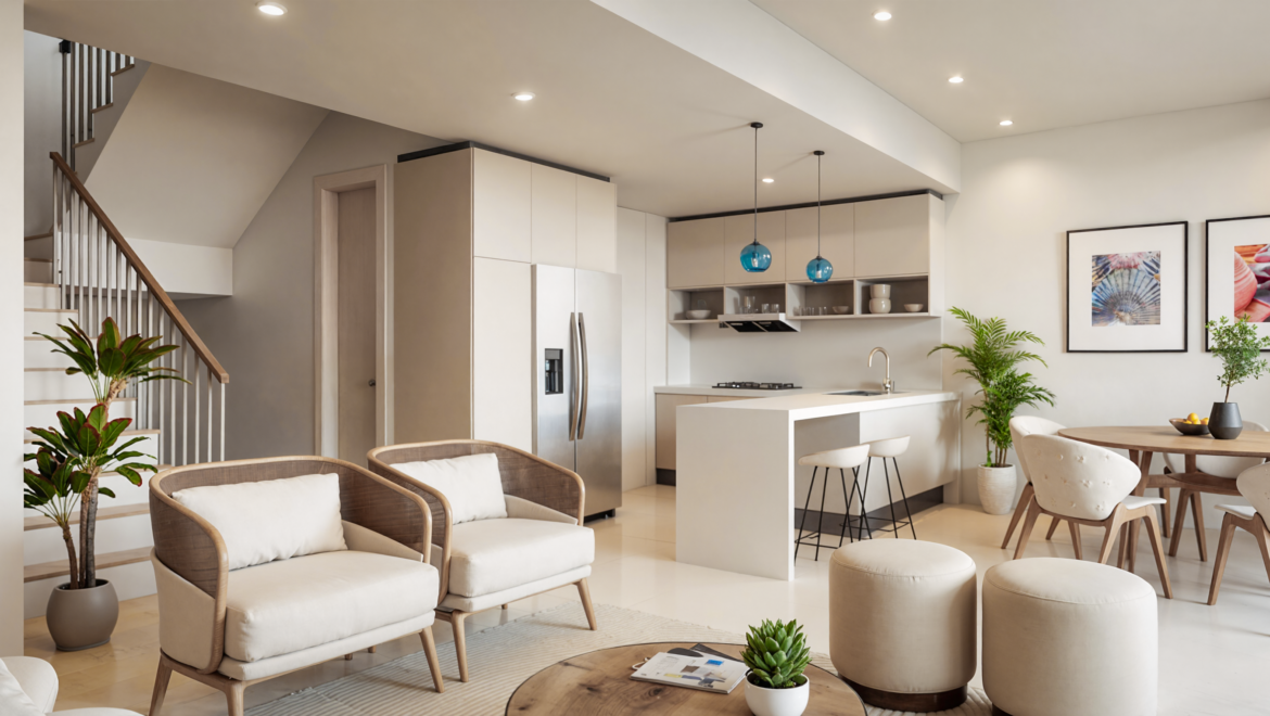 Open-concept living area with a modern kitchen, dining table, and curved lounge chairs under soft lighting, stairs on the left, and plants throughout