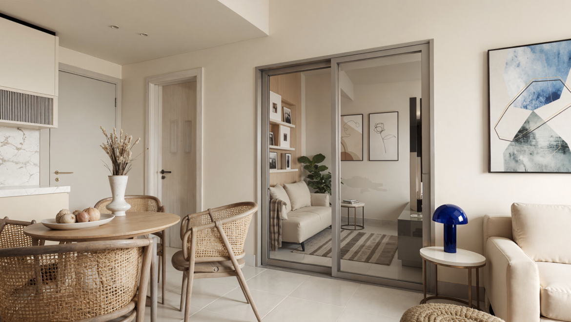 Open-plan kitchen and living room with a round dining table and wicker chairs, beige sofa, and blue abstract art.