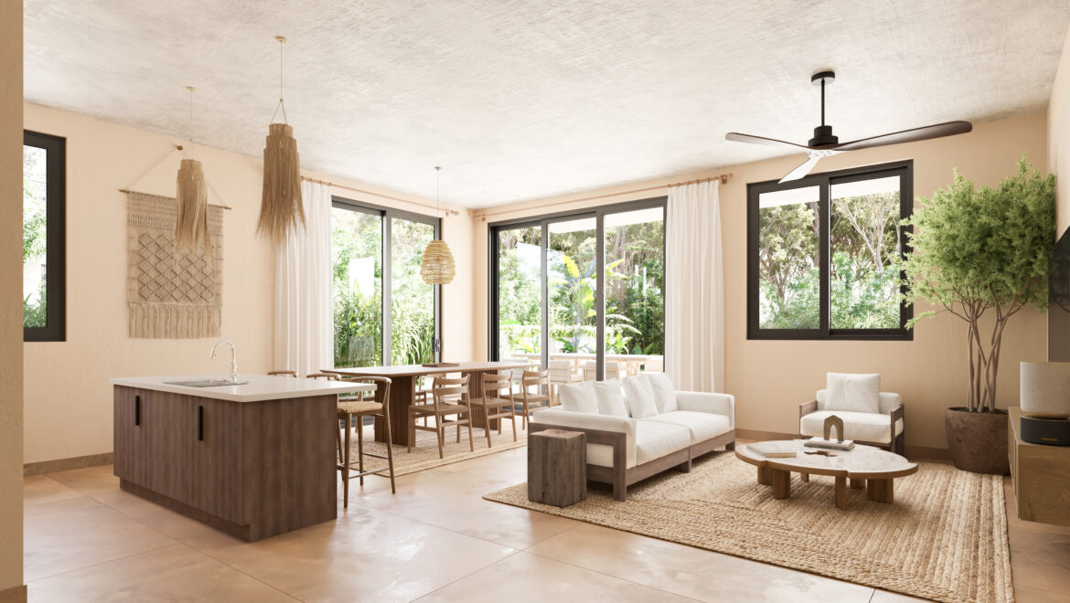 Open-concept living area with a dark wood kitchen island, wooden dining table, and large windows.