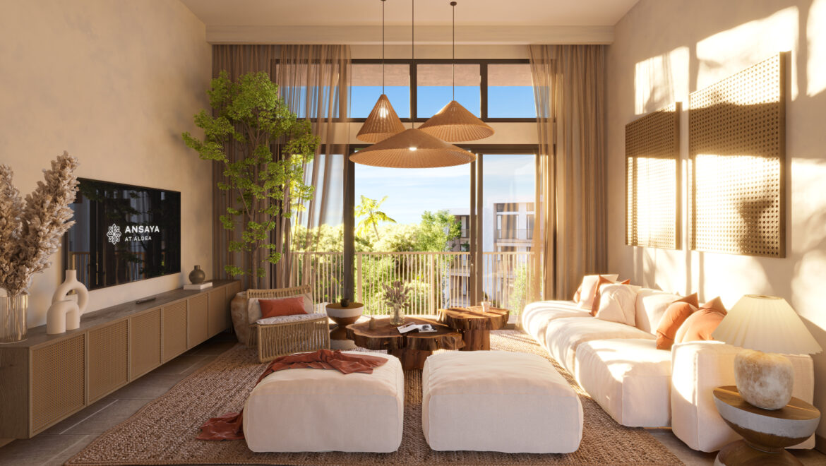 Bright contemporary living room with beige couches, woven pendant lights, and large glass doors opening to a balcony view.