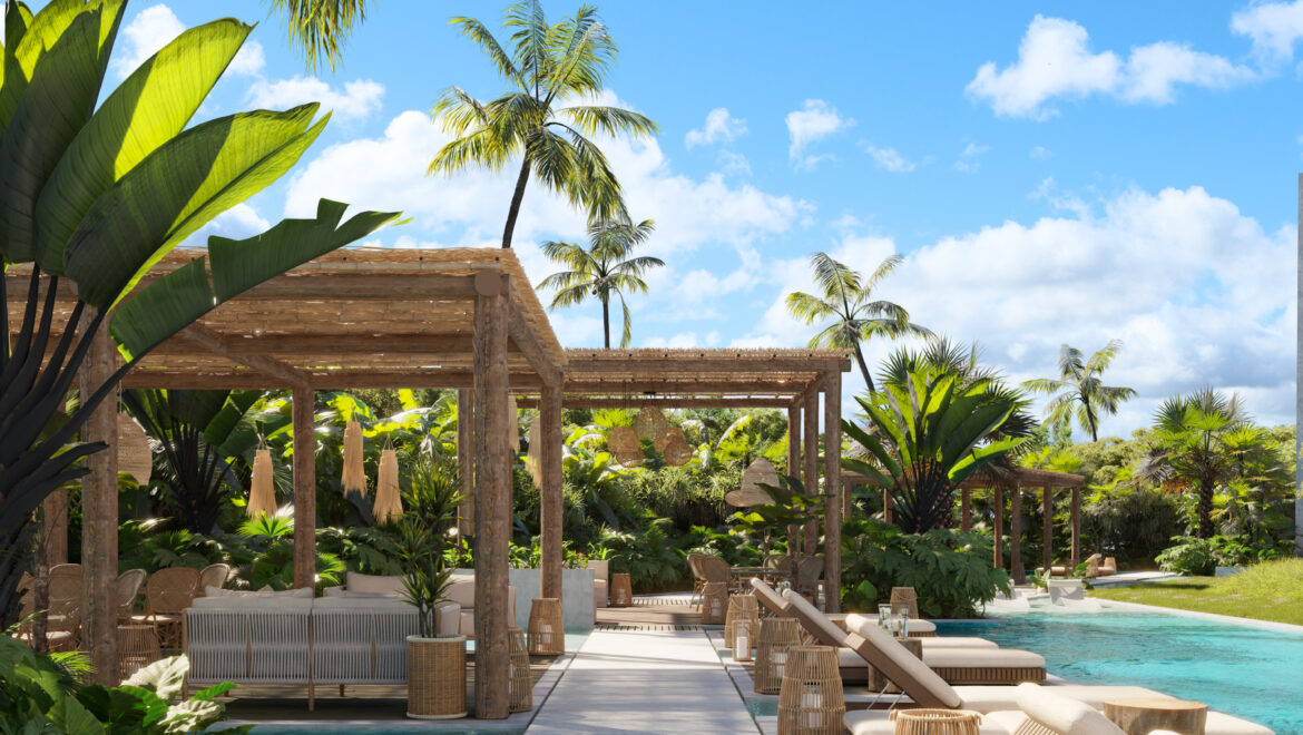 Resort pool area with lounge chairs along a clear swimming pool under palm trees and a wooden pergola.