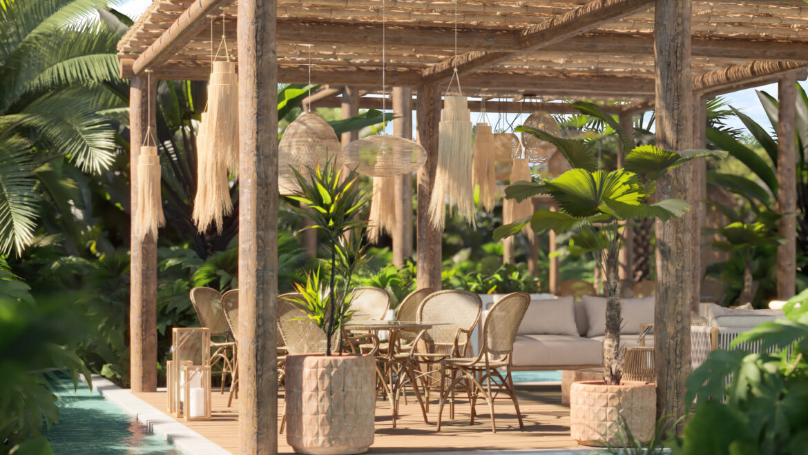 Poolside lounge under a thatched pergola with woven rattan chairs and hanging lamps, surrounded by tropical plants and palm trees.