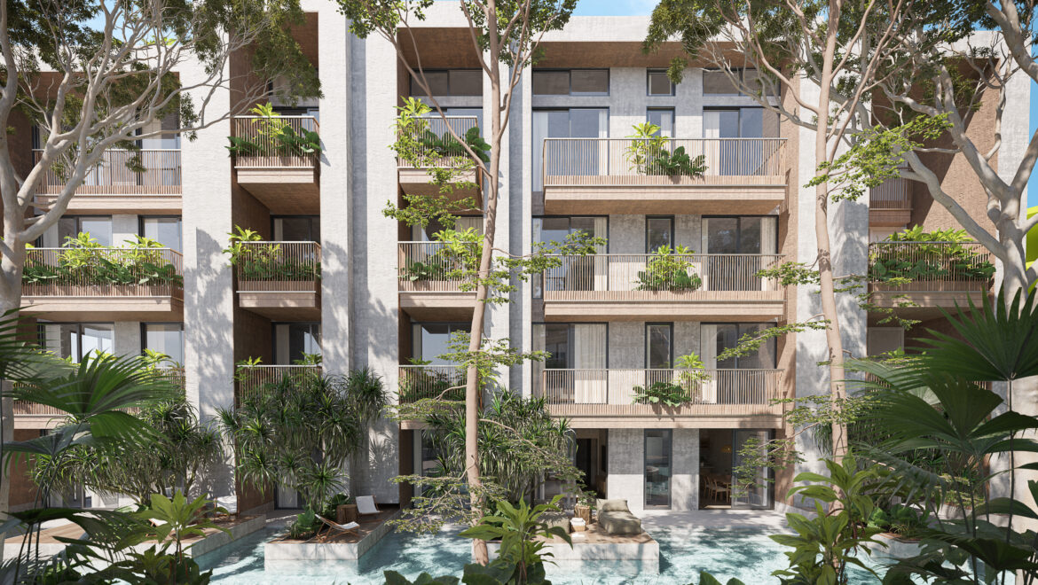 Modern apartment building with balconies and lush plants, set around a central pool area.