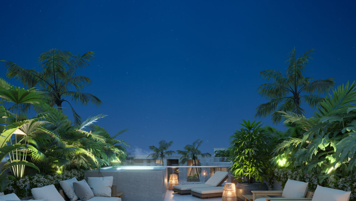 Outdoor night lounge with white cushioned seating, wooden coffee table, wicker lanterns, and tropical plants under a starry sky.