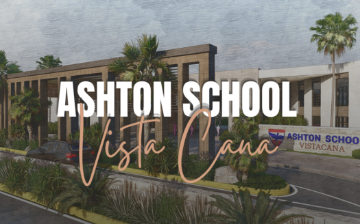 Rendering of Ashton School at Vista Cana with palm trees and a curved driveway in front of a modern campus.