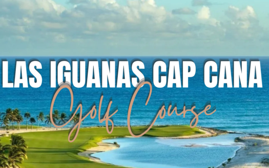 Promotional banner for Las Iguanas Cap Cana Golf Course, showing a tropical coastal golf course with palm trees and the Caribbean Sea behind it, with the text 'LAS IGUANAS CAP CANA' and 'Golf Course' overlayed.