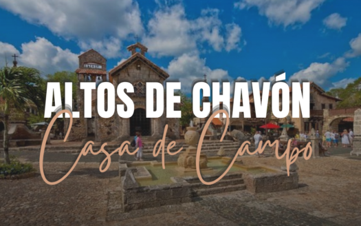 "ALTOS DE CHAVÓN" and "Casa de Campo" storefront-style banner over a historic stone plaza with people walking around (travel destination). Great for a hero image on a tourism page.