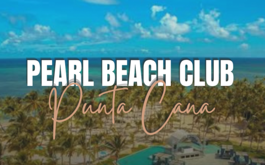 Promotional banner for Pearl Beach Club Punta Cana over a sunny beach and palm trees.