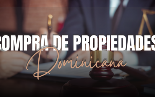 Promotional banner for buying properties in the Dominican Republic, featuring a gavel and legal scales with bold overlay text.
