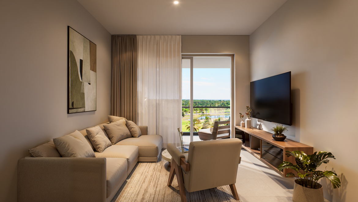 Modern living room with a beige sectional, light wood furniture, plants, and a sliding door to a balcony with an outdoor view.