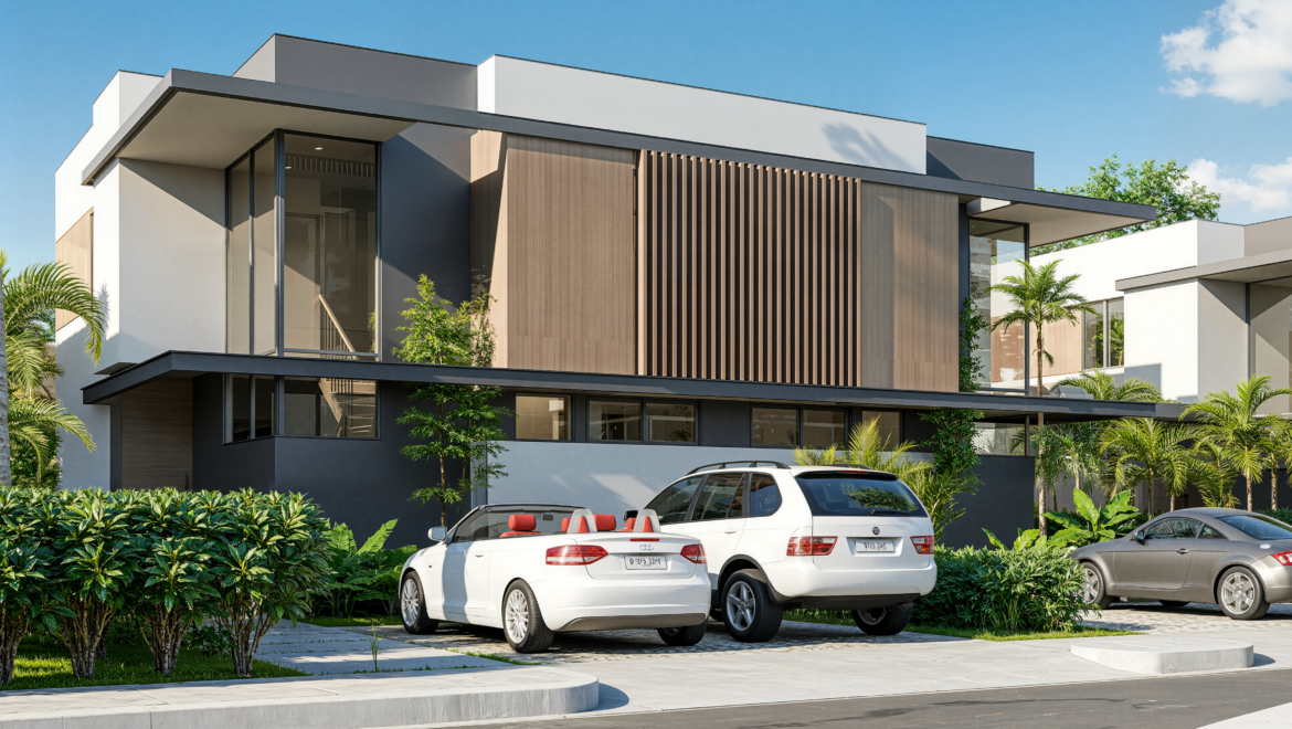 Modern two‑story house with glass walls, wooden slats, and a landscaped driveway; three cars parked in front of a tropical garden.