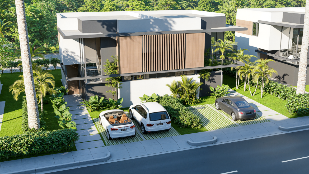 Modern two-story villa with gray/white façade and wooden slats, surrounded by tropical landscaping and palm trees, with two cars in the driveway.
