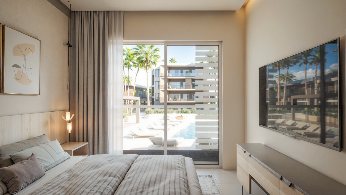 Hotel room with a large bed, neutral tones, and a view of a pool and palm trees through a glass door with blinds.