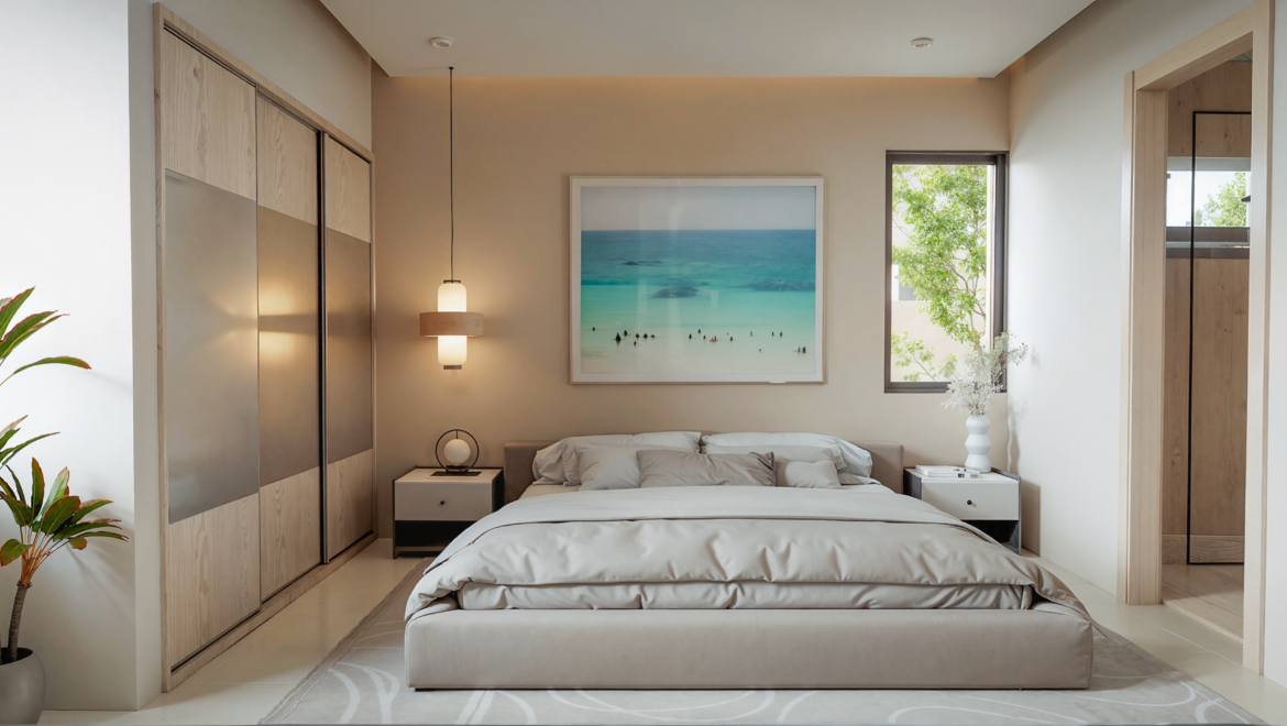 Modern beige bedroom with a low platform bed, white bedding, two nightstands, and a framed beach photograph above the headboard