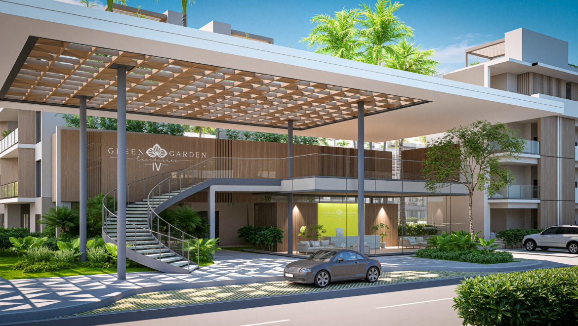 Modern apartment complex with a large shaded entrance, glass railings, and lush landscaping; sign reads 'Green Garden'.
