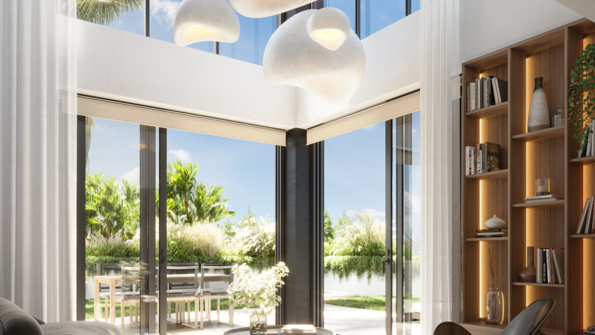 Open-plan living room with floor-to-ceiling glass walls, oversized white pendant lights, and a marble coffee table; outdoor palm trees visible.