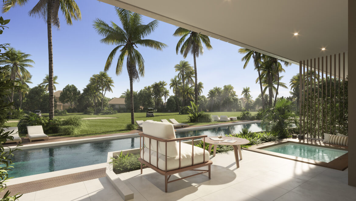 Sunny backyard pool area with white lounge chairs, tropical palm trees, and a modern patio overhang. It conveys a resort-style outdoor living space.