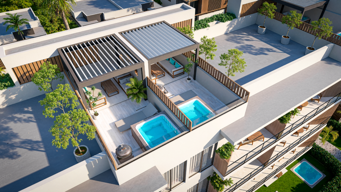 Aerial view of a modern multi-level apartment complex with private rooftop terraces, pergolas, and small rectangular pools surrounded by potted trees.