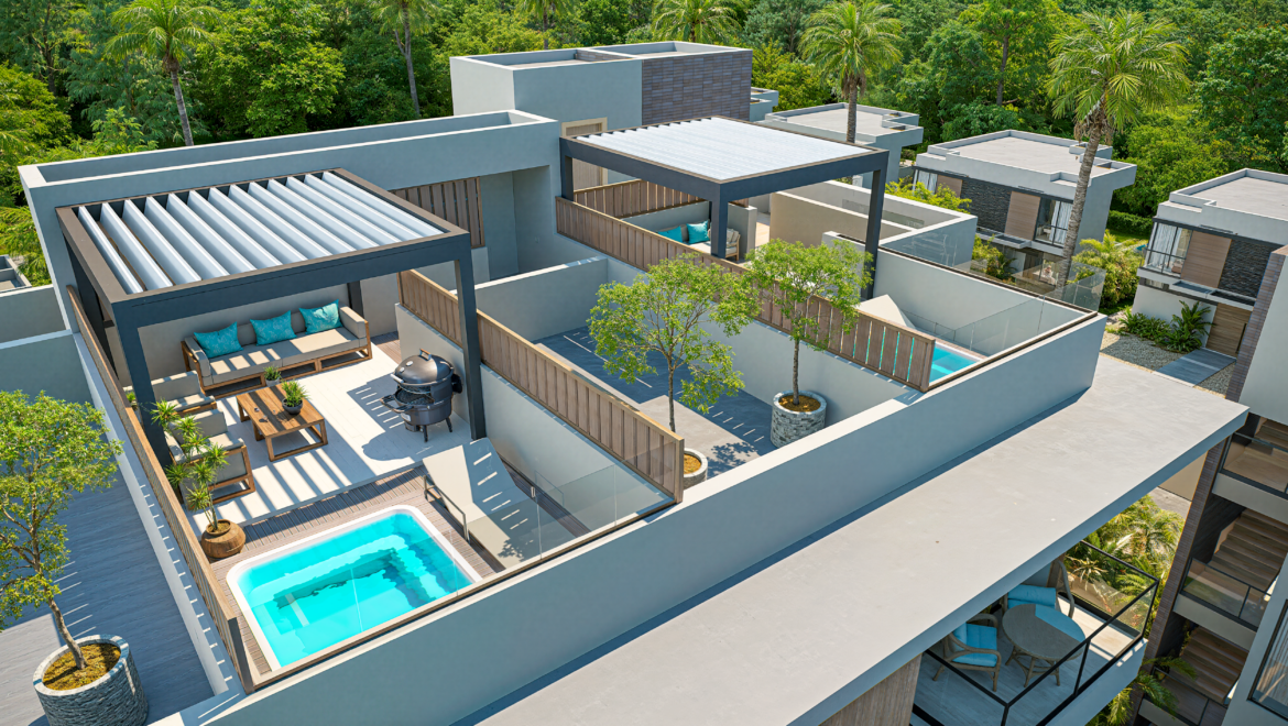 Aerial view of modern multi-level terrace homes with pools, glass railings, and lush greenery surrounding the complex.
