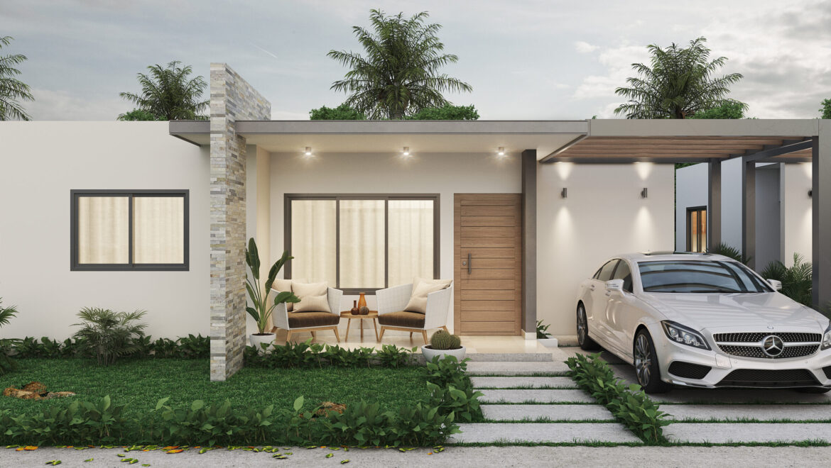 Modern single-story home with a covered porch, wooden front door, outdoor seating, and a white luxury car in the driveway.