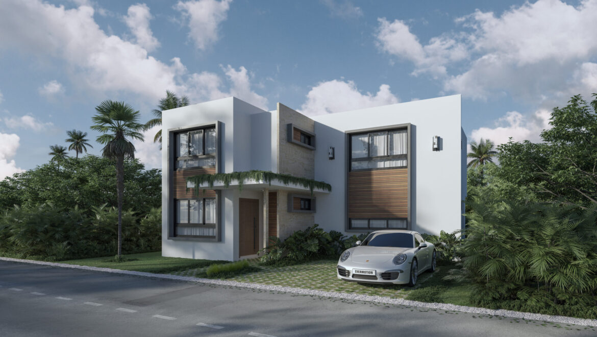 Modern two-story house with white façade, wooden accents, and lush tropical landscaping; silver car in the driveway.Think: contemporary home exterior with greenery and clear sky.