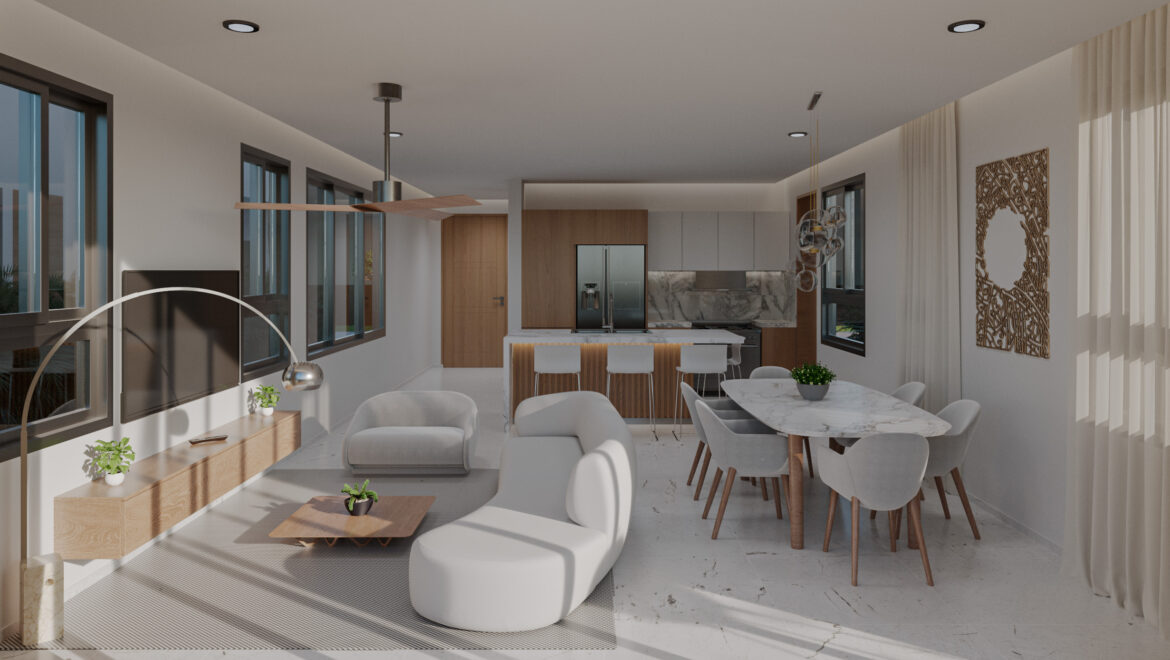 Open-plan living, dining, and kitchen with marble island, wooden accents, and large windows letting in daylight.