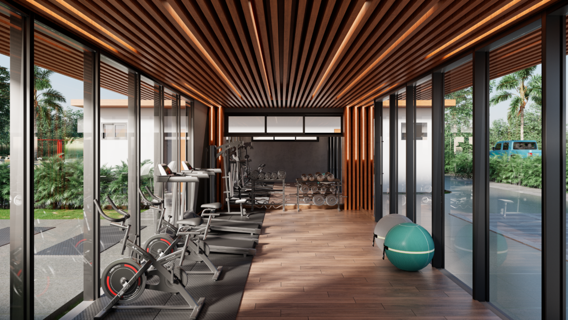 Modern glass-walled gym with cardio machines, free weights, and large wooden ceiling slats.