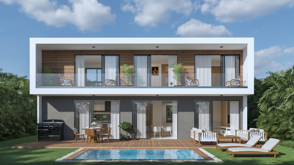 Modern two-story house with white frame, wood-paneled balcony, glass railings, outdoor seating, and a rectangular pool on a sunny day.
