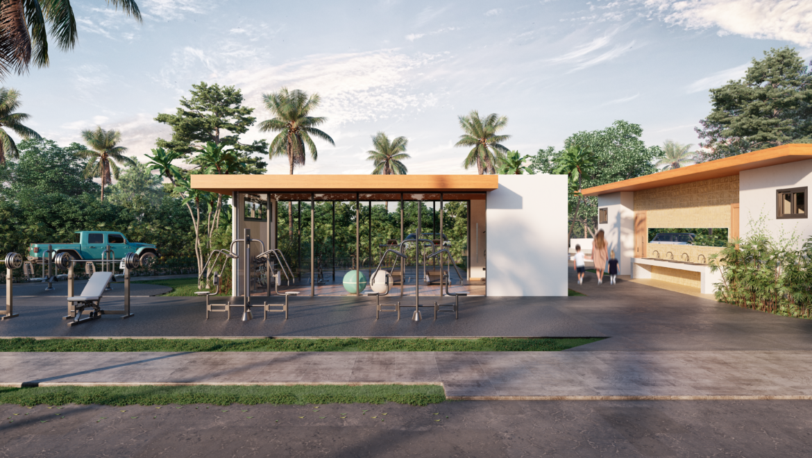 Outdoor gym area with various exercise machines under a wooden canopy, tropical trees, and a modern building in the background.