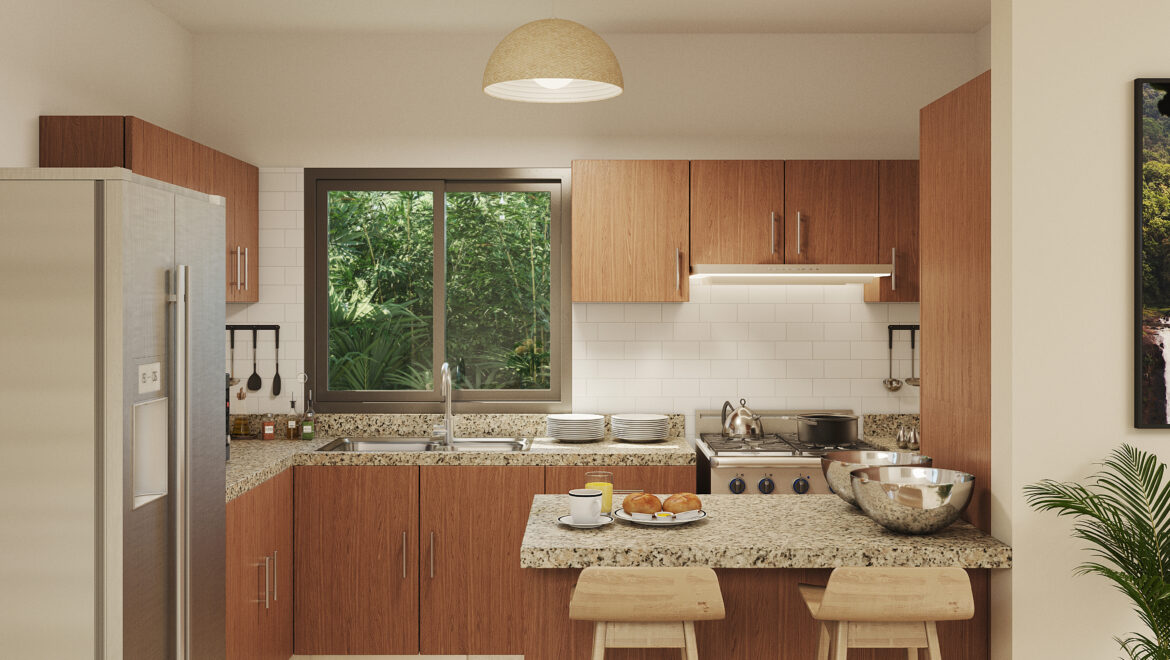 Modern kitchen with wood cabinets, granite countertops, and a centered island with two wooden stools.