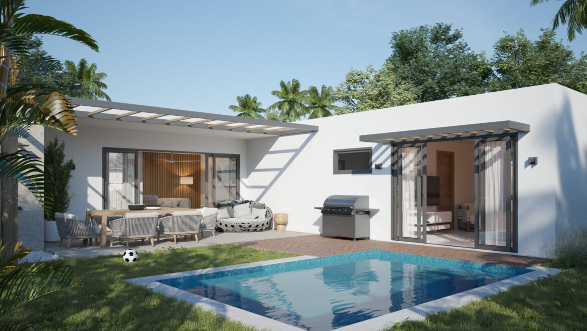 Modern white house patio with outdoor dining area, built-in grill, and a rectangular pool, surrounded by greenery.